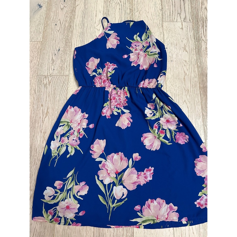 Everly Royal Blue Floral Halter Mini Dress Pink Peony Lace Up Back Small